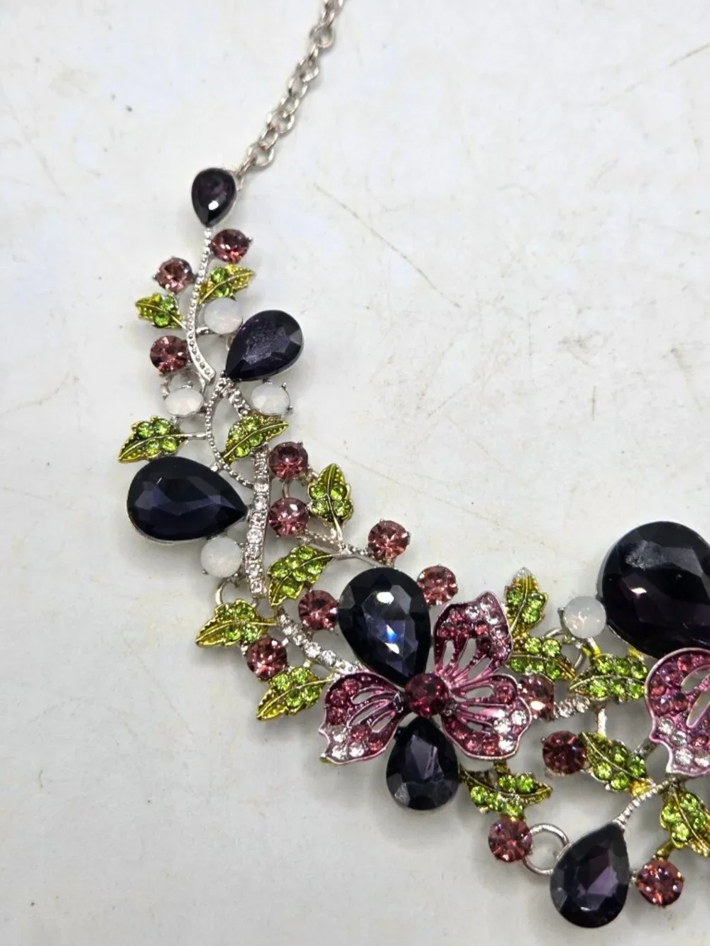 Floral Butterfly Necklace With Rhinestones Purple Green & Pink Accents